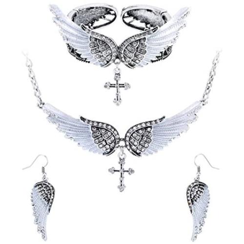 Szxc Jewelry Womens Crystal Guardian Angel Wings Cross Choker Pendant Necklaces 18''+2''