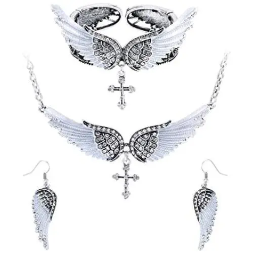 Szxc Jewelry Womens Crystal Guardian Angel Wings Cross Choker Pendant Necklaces 18''+2''
