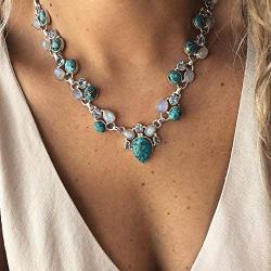 Boho Turquoise Long Beaded Necklaces Summer Beach Necklace Chain Fashion Jewelry Vintage Ethnic Alloy Pendant Jewelry for Women and Girls