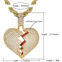 TSANLY Broken Heart Pendant Necklace Hip Hop CZ Fully Iced Out Bling CZ Diamond 24K White Gold Plated with 24'' Stainless Rope Chain