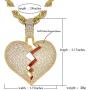 TSANLY Broken Heart Pendant Necklace Hip Hop CZ Fully Iced Out Bling CZ Diamond 24K White Gold Plated with 24'' Stainless Rope Chain