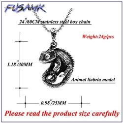 Fusamk Punk Titanium Steel Animal Lizard Pendant Necklace,24'' Box Chain