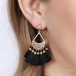 Bohemian Multi Tassel Statement Drop Earrings - Silky Thread Strand Fan Fringe Chandelier, Simple Metallic, Geometric Acetate Dangles