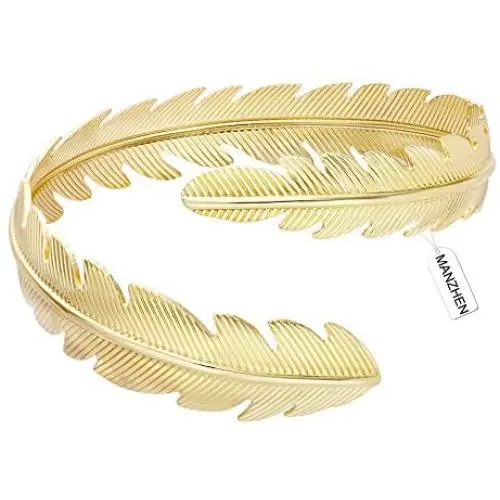 MANZHEN Gold Tone Swirl Leaf Feather Upper Arm Bracelet Armlet Cuff Bangle Armband Adjustable Mothers Day Jewelry Gift