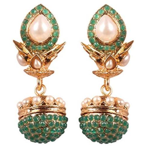 Touchstone Indian Bollywood spherical faux pearls jhumki earrings in antique gold tone for women