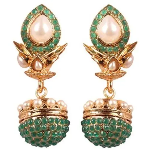 Touchstone Indian Bollywood spherical faux pearls jhumki earrings in antique gold tone for women