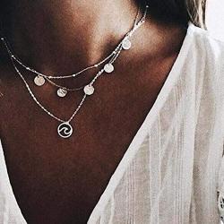 Adflyco Boho Layered Sequins Choker Necklace Silver Wave Pendant Necklaces Chain Jewelry Adjustable for Women and Girls