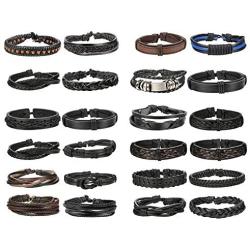 Finrezio 24 PCS Black Braided Leather Bracelets Set for Men Wrap Cuff Bracelet Adjustable