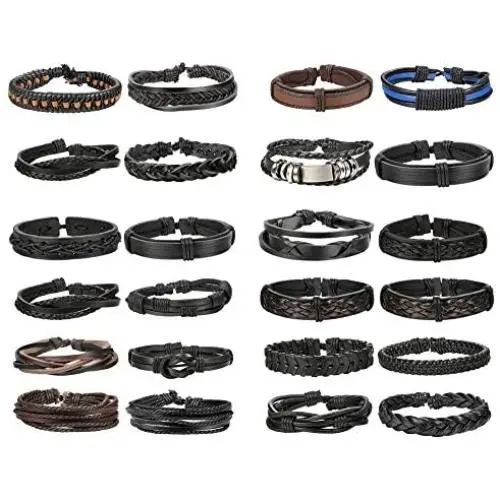 Finrezio 24 PCS Black Braided Leather Bracelets Set for Men Wrap Cuff Bracelet Adjustable