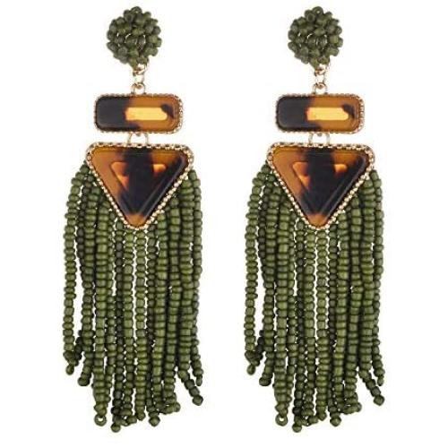 Nicole Miller New York Green Beaded Tassel Drop Leopard Print Triangle Dangle Earrings