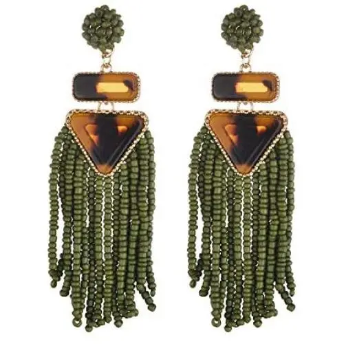 Nicole Miller New York Green Beaded Tassel Drop Leopard Print Triangle Dangle Earrings