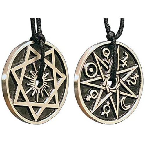 Magic Pagan Jewelry 2 sided Septagram 7 Pointed Fairy Star Heptagram Silver Pewter Unisex Pendant Necklace Money Luck Lucky Charm Protection Amulet Wicca Safe travel Talisman w Black Adjustable Cord