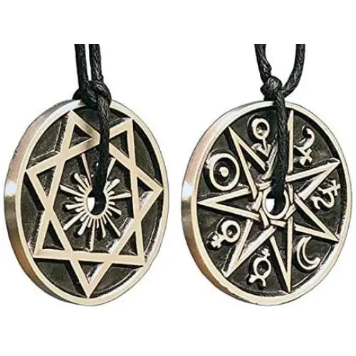 Magic Pagan Jewelry 2 sided Septagram 7 Pointed Fairy Star Heptagram Silver Pewter Unisex Pendant Necklace Money Luck Lucky Charm Protection Amulet Wicca Safe travel Talisman w Black Adjustable Cord