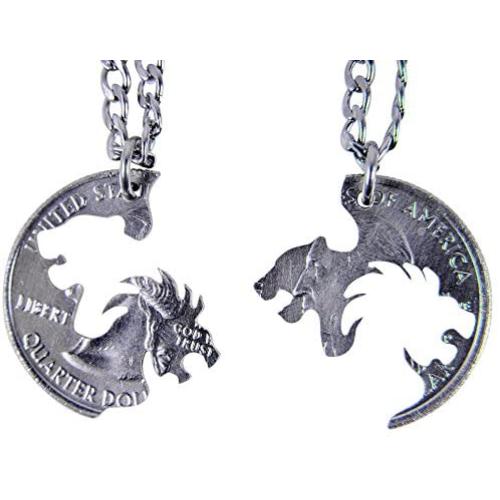 Marycrafts Set Hand Cut Coin Lion and Lioness Interlocking Necklace Jewelry Relationship BFF