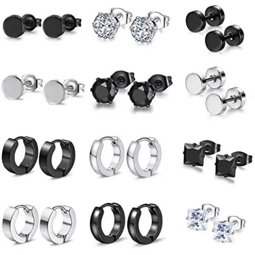 12 Pairs Earrings for Men Women, Stainless Steel Earrings Set Hoop CZ Earrings for Mens Earrings Stud Earrings Piercing Jewelry