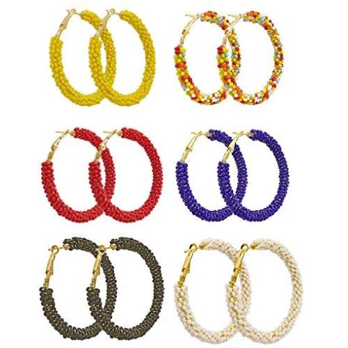 6 Pairs Bohemia Beaded Hoop Earrings Colorful Handmade Big Circle Seed Beaded Dangle Earrings Multicolor Boho Round Geometry Chic Statement Drop Earrings for Women and Girls Ethnic Jewelry