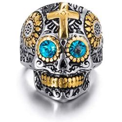 Elfasio Mens Stainless Steel Ring Skull Gothic Cross Red Blue Green Eye Silver Gold Biker Jewelry