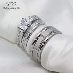 wedding ring set His Hers Couples Matching Rings Womens 10k White Gold Filled Heart CZ Wedding Engagement Ring Bridal Sets & Mens Tungsten Carbide Wedding Band