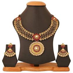 Crunchy Fashion Indian Bollywood Traditional and Modern Kundan polki Look Rhinestone Grand Bridal Designer Jewelry Necklace Earrings Set for Women in Gold Tone