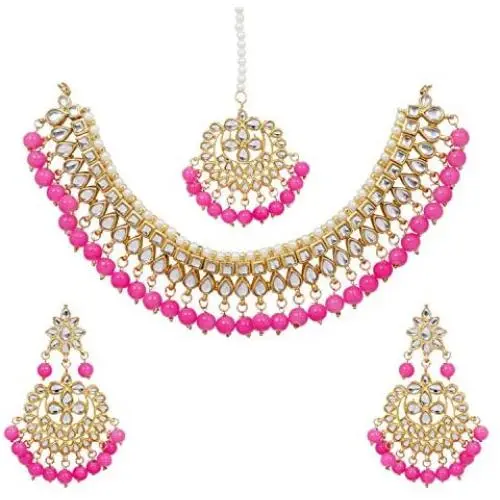 SANARA Indian Bollywood Traditional Pink Kundan and Pearl Made Bridal Designer Jewelry Choker Necklace Set for Women & Girl Jewelry SANARA Indian Bollywood Traditional Pink Kundan and Pearl Made Bridal Designer Jewelry Choker Necklace Set for Women & Girl Jewelry