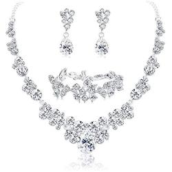 LOYALLOOK Rhinestone Crystal Bridal Costume Jewerry Set for Women Bridesmaid Gifts Floral Teardrop Bridal Necklace Earrings Bracelets Set for Wedding
