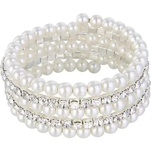 EVER FAITH Wedding Layers Cream Ivory Color Simulated Pearl Strand Bracelet Clear Austrian Crystal EVER FAITH Wedding Layers Cream Ivory Color Simulated Pearl Strand Bracelet Clear Austrian Crystal