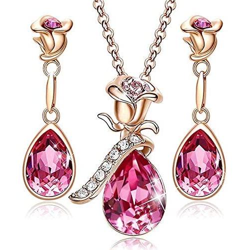 EMESLY Rose Gold Plated Angel Wing Love Heart Earrings & Necklace Set, Nickel & Lead Free, Hypoallergenic Long Lasting Finish; Perfect Jewelry Gift for Women & Girls