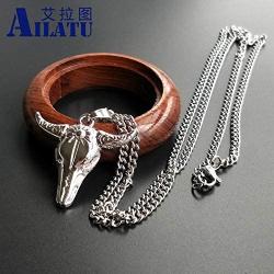 Davitu Mens Bull Skull Head Stainless Steel Chain and Alloy Pendant Casting for Men Necklace Jewelry - (Metal Color: Imitation Rhodium Plated)