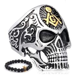 Gungneer Mason Skull Ring Stainless Steel Biker Accessory Gothic Style Signet Freemason Jewelry Gift for Men