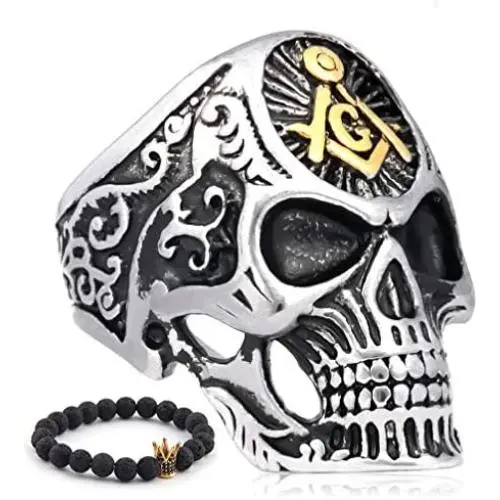 Gungneer Mason Skull Ring Stainless Steel Biker Accessory Gothic Style Signet Freemason Jewelry Gift for Men