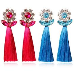 Bohemian Long Flower Tassel Earrings For Women Trendy Crystal Silk Fabric Drop Dangle Tassel Earrings Wedding Fashion Jewelry