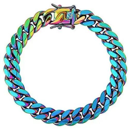 TOPGRILLZ 10,14mm Polished Stainless Solid Quenching Color Reflection Laser Link Chain Bracelet for Men and Women Hip Hop Personality Jewelry TOPGRILLZ 10,14mm Polished Stainless Solid Quenching Color Reflection Laser Link Chain Bracelet for Men and Women Hip Hop Personality Jewelry