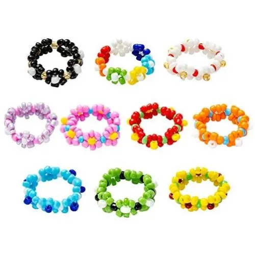 PANTIDE 10 Pcs Daisy Flower Bead Rings Set, Cute Handmade Flower Beaded Rings, Fashion Vsco Boho Beach Rings, Colorful Jewelry Rings with 7 Flowers Indie Kidcore Aesthetic for Teens Baby Girls