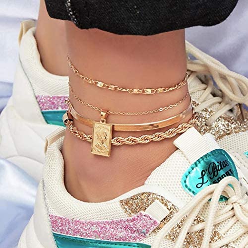 Tag Anklets Set for Teen 8 Pcs Bracelets Layered Anklets 14 K Gold Plated Summer Anklets Women Men Boys Girls Foot Jewelry