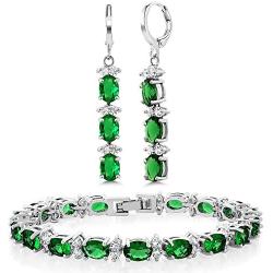 Gem Stone King 7 Inch Green and White CZ Bracelet Set With Matching 2 Inch Oval shape Dangle Earrings