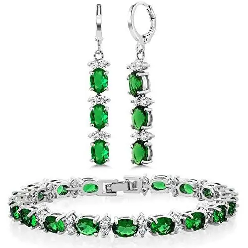 Gem Stone King 7 Inch Green and White CZ Bracelet Set With Matching 2 Inch Oval shape Dangle Earrings