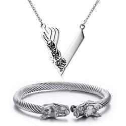 Mens Stainless Steel Viking Norse Jewelry Sets Viking Dragon Twist Bangle + Viking Necklace