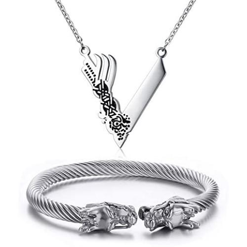 Mens Stainless Steel Viking Norse Jewelry Sets Viking Dragon Twist Bangle + Viking Necklace