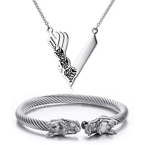 Mens Stainless Steel Viking Norse Jewelry Sets Viking Dragon Twist Bangle + Viking Necklace Mens Stainless Steel Viking Norse Jewelry Sets Viking Dragon Twist Bangle + Viking Necklace