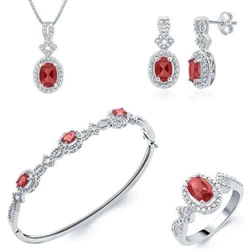 Trendy Ruby and Diamond Accent 4 Piece Set Consists of Pendant Necklace, Earrings, Bangle & Ring for Teen Girls Her Daily Wear Womens Fashion Jewelry | by La4ve Diamonds | Gift Box Included
