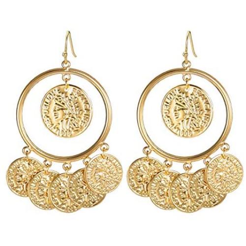 FAMARINE Vintage Tribal Chandelier Portrait Coins Hoop Drop Earrings for Women Costume Jewelry