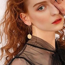 Shiny Hammering Circle Disc Small Dangle Drop Hanging Earrings Long Hoops Geometric Brushed Gold Round Filled Everyday Jewelry for Women and girl