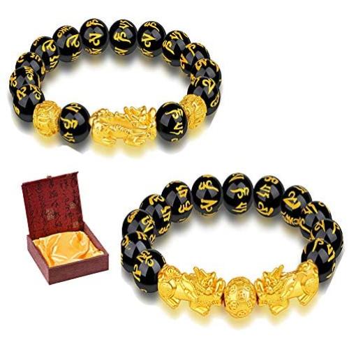 2 Pieces Feng Shui Bracelets Mantra Amulet Bead Obsidian Bracelets with Gold Plated Pi Xiu/Pi Yao for Women Men Adjustable Elastic - Good Luck Wealt (2Pcs pixiu, 12)