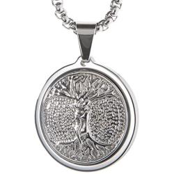 CERAMIC GESTALT Unique Tungsten Medallion Necklace. Platinum Style Stainless Steel Tree of Life Inlay.