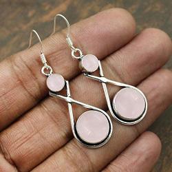 Natural Rose Quartz Earrings for Women Mom Wife 925 Silver Overlay handmade Dangle Earrings