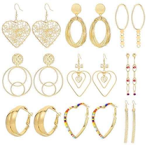 9PC Drop Dangle Earrings Fashion Jewelry Vintage Statement Bohemian 14K Gold Plating Earrings Set for Women Girls