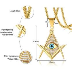 PJ Jewelry All Seeing Eyes Illuminati Stainless Steel Freemasonry Masonic Symbol CZ Pendant Necklace for Men