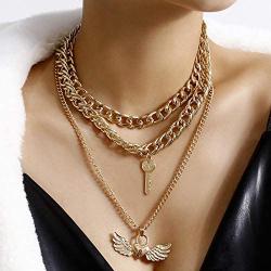 Chargances Key and Lock Necklace with Heart Pendant Gold Chunky Chain Choker Heart Pendant Necklace for Women and Girls Boho Multi Layer Jewelry