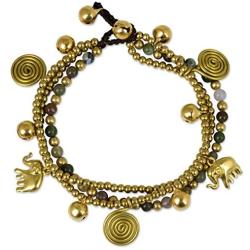 NOVICA Jasper and Brass Beaded Lucky Elephant Charm Bracelet, 7.5'' Colorful Siam Elephants