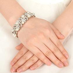EVER FAITH Silver-Tone Austrian Crystal Cream Simulated Pearl Ribbon Knot Elastic Stretch Bracelet Clear